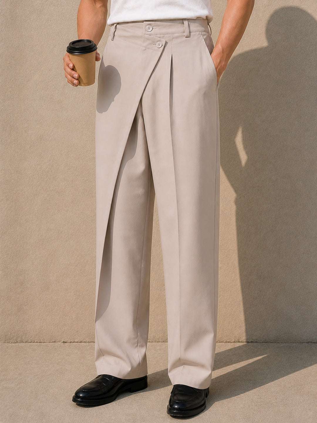 Cream Solid Banana Crepe Relaxed Fit Korean Pant