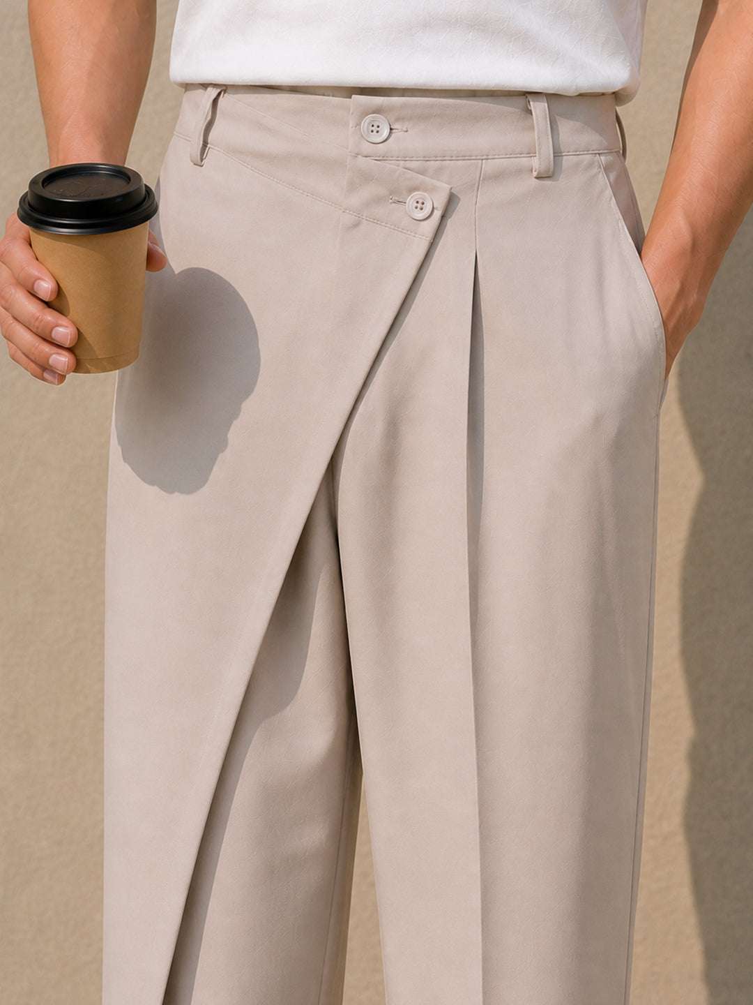 Cream Solid Banana Crepe Relaxed Fit Korean Pant