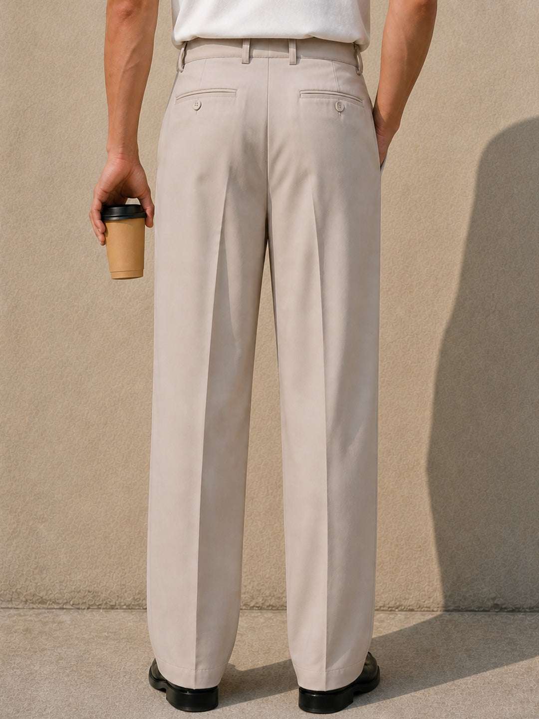 Cream Solid Banana Crepe Relaxed Fit Korean Pant
