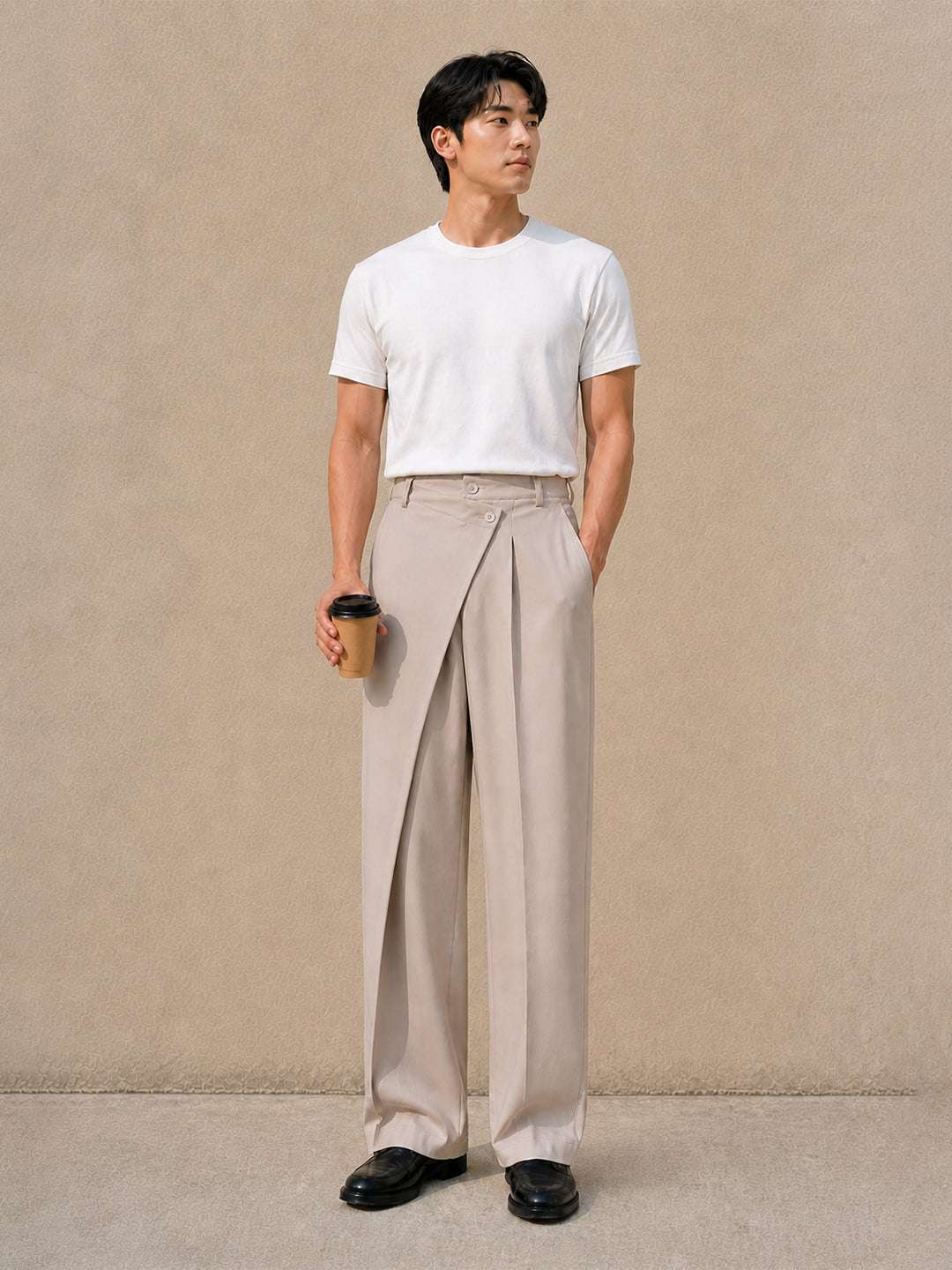 Cream Solid Banana Crepe Relaxed Fit Korean Pant