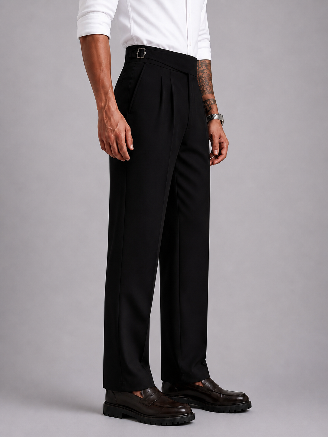 Black Solid Straight Fit Single Buckle Gurkha Pant For Men