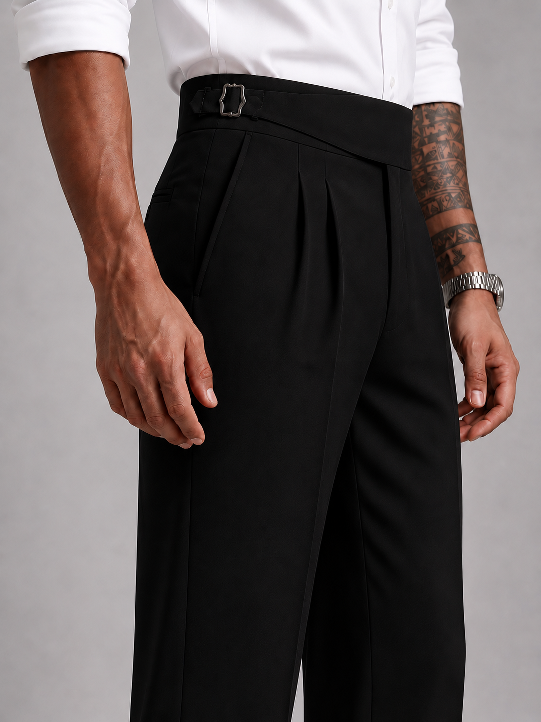 Black Solid Straight Fit Single Buckle Gurkha Pant For Men