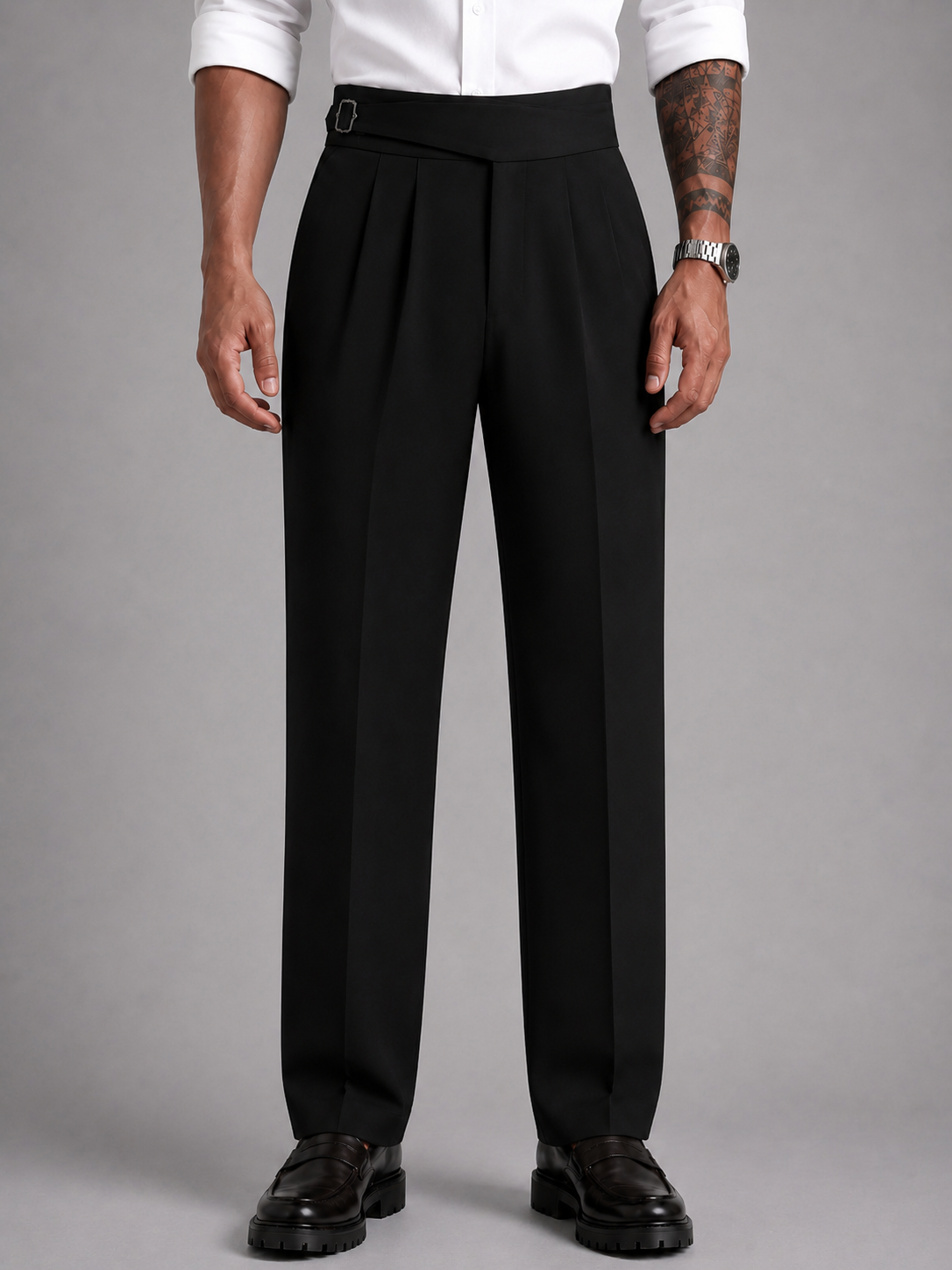 Black Solid Straight Fit Single Buckle Gurkha Pant For Men