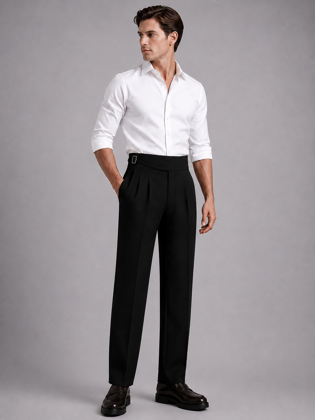 Black Solid Straight Fit Single Buckle Gurkha Pant For Men