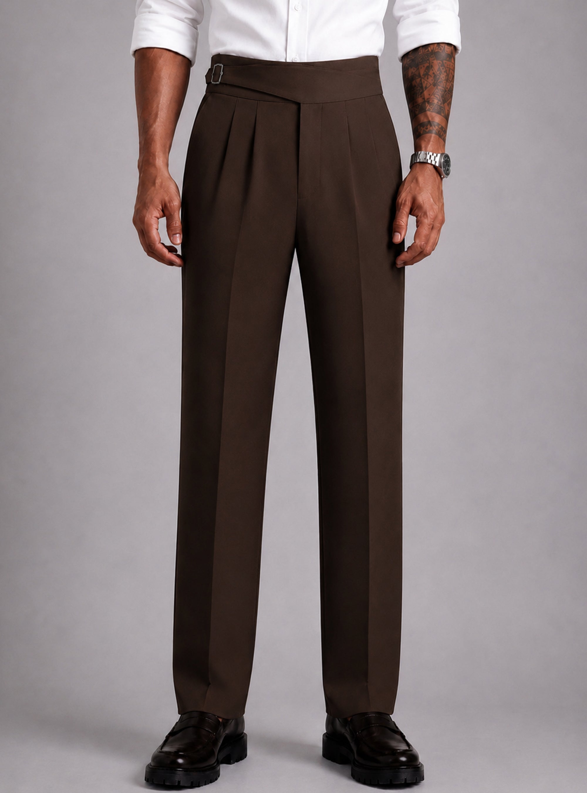Brown Solid Straight Fit Single Buckle Gurkha Pant For Men