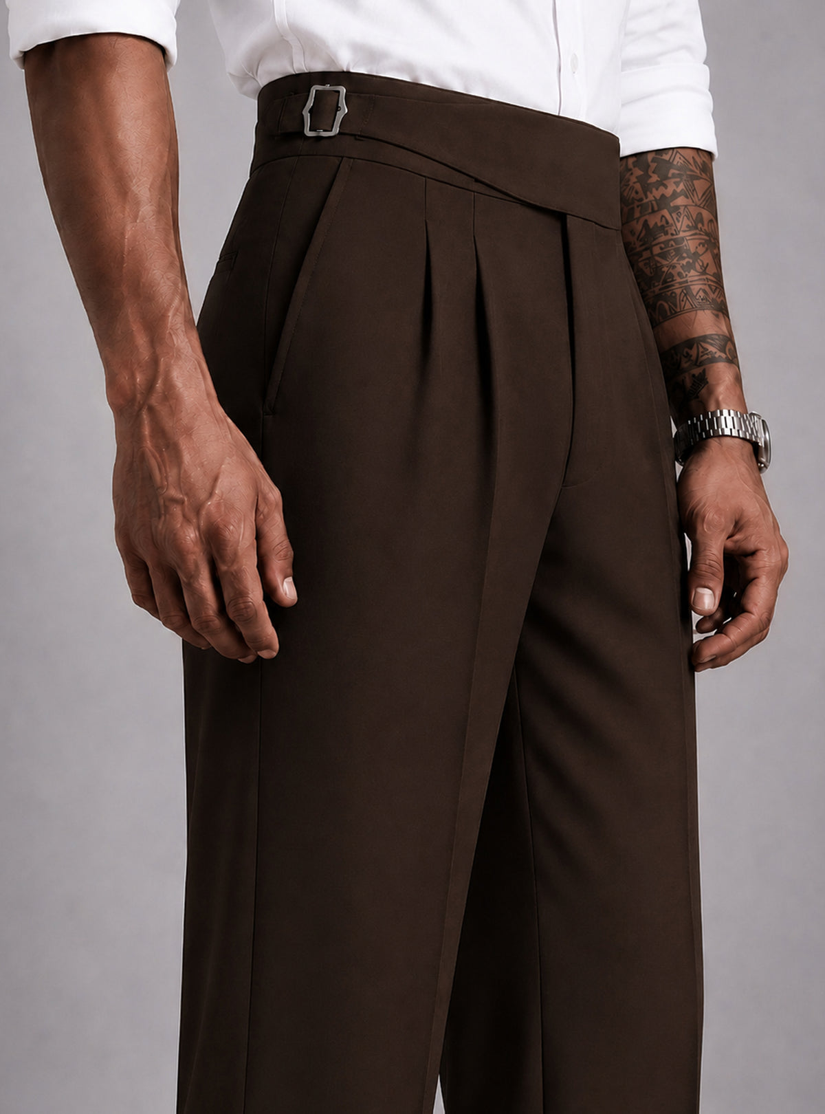 Brown Solid Straight Fit Single Buckle Gurkha Pant For Men