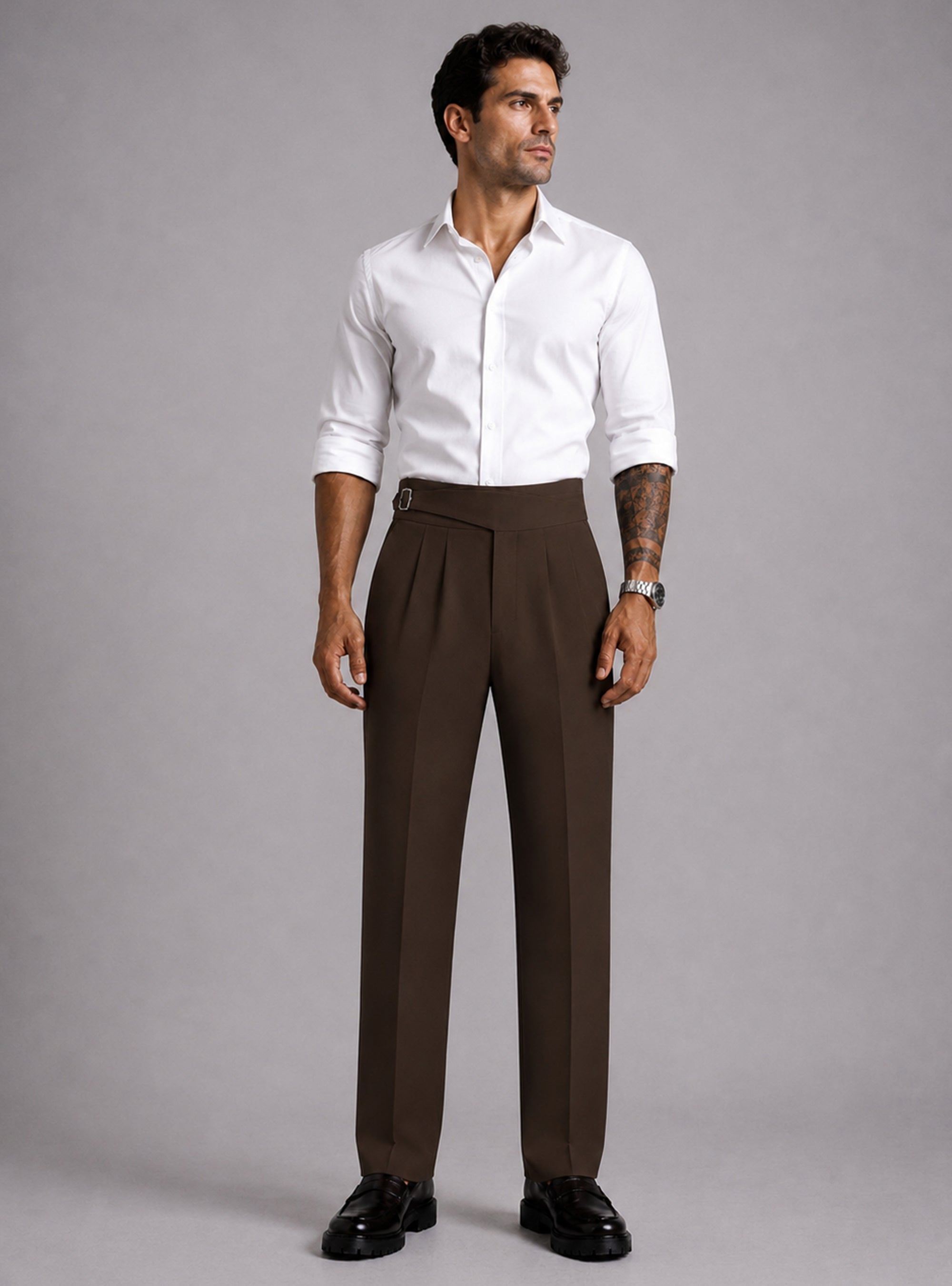 Brown Solid Straight Fit Single Buckle Gurkha Pant For Men