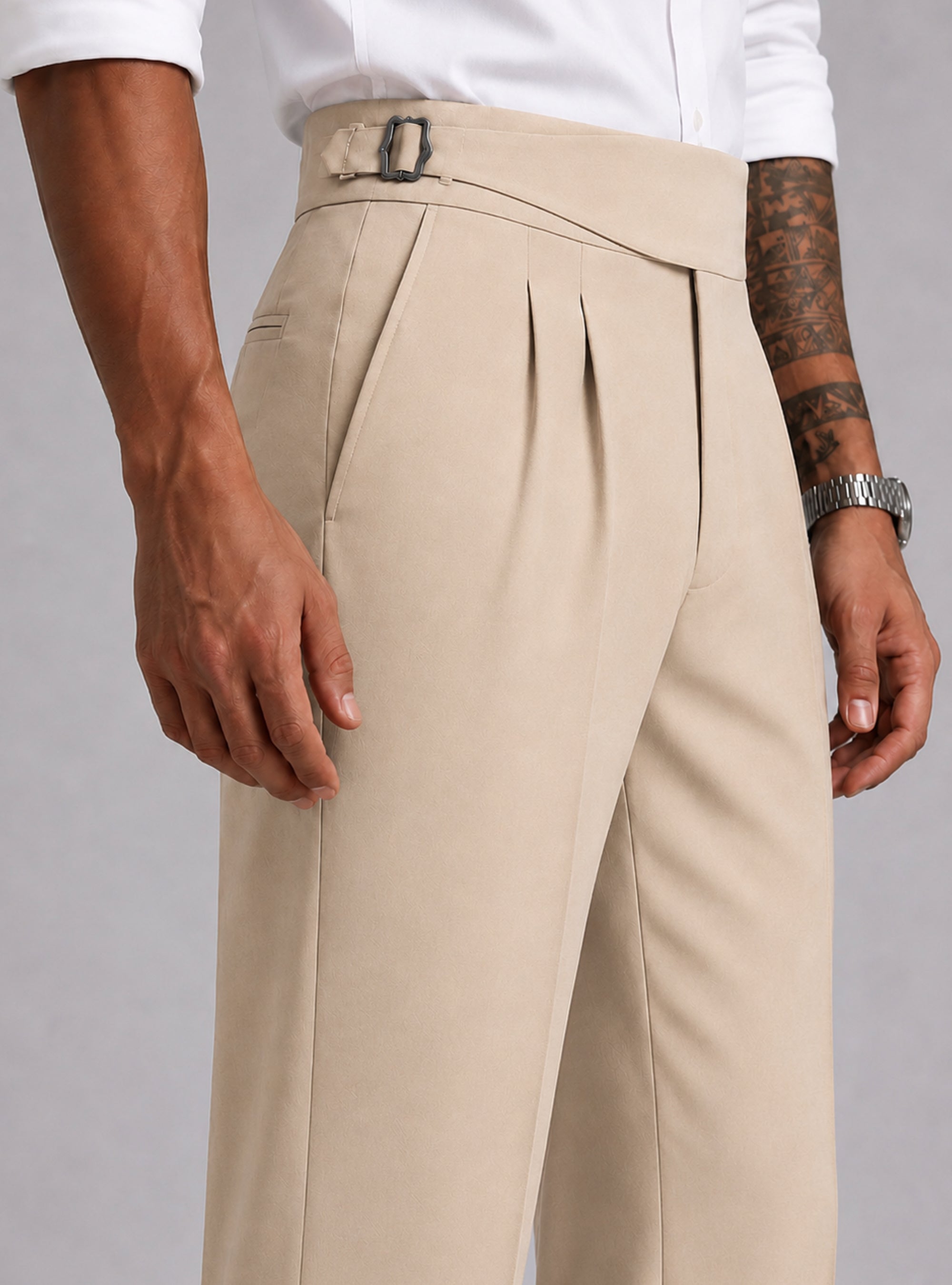 Cream Solid Straight Fit Belted Gurkha Pant For Men
