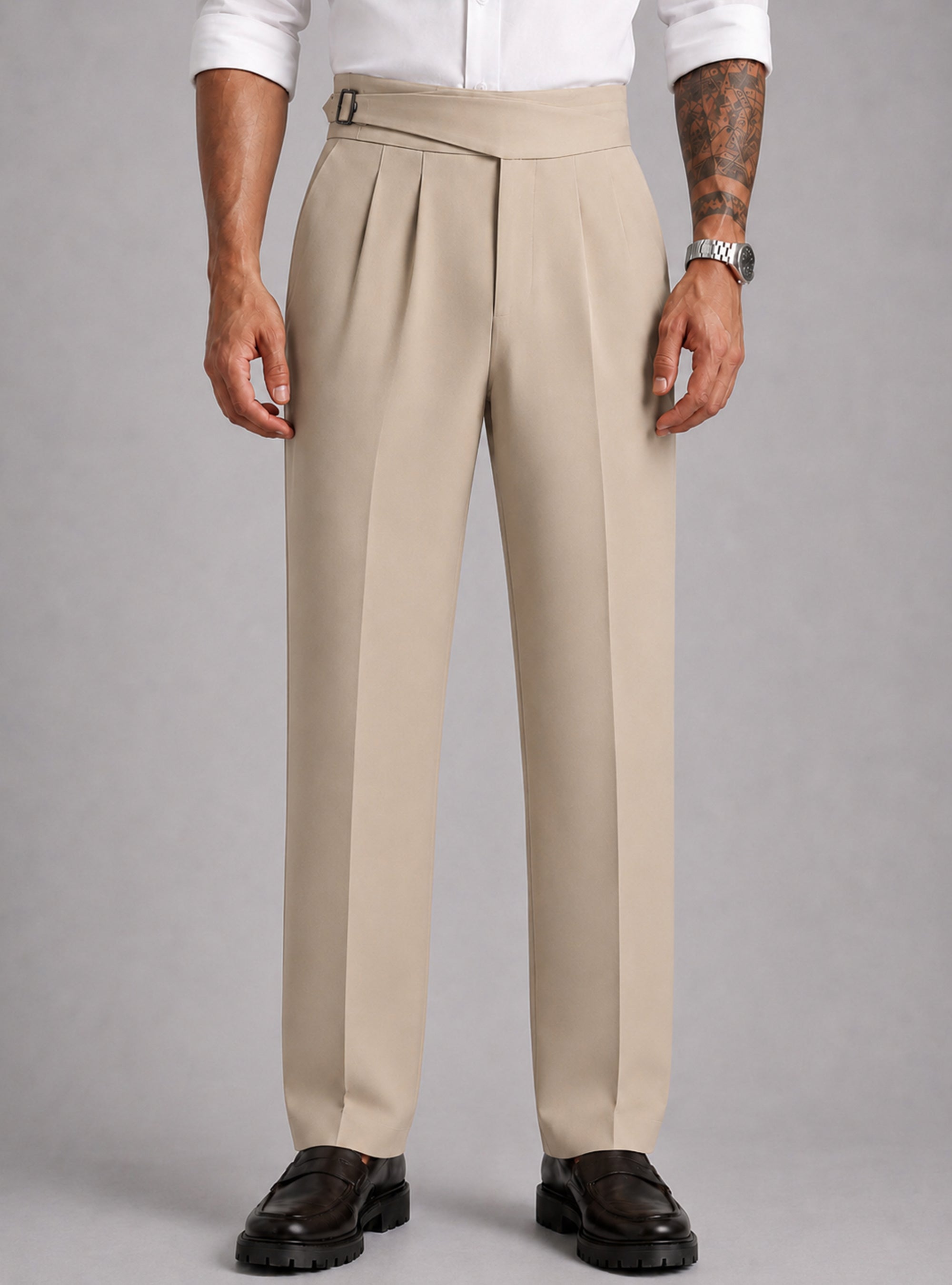 Cream Solid Straight Fit Belted Gurkha Pant For Men