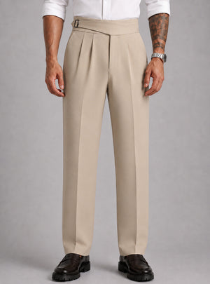 Cream Solid Straight Fit Single Buckle Gurkha Pant For Men