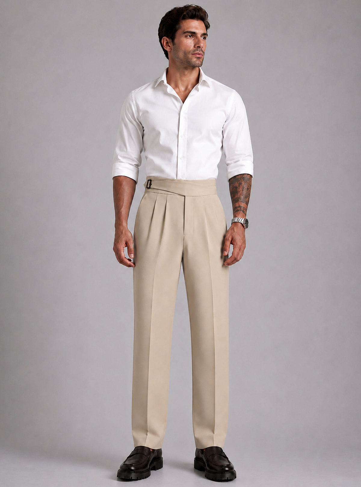 Cream Solid Straight Fit Single Buckle Gurkha Pant For Men