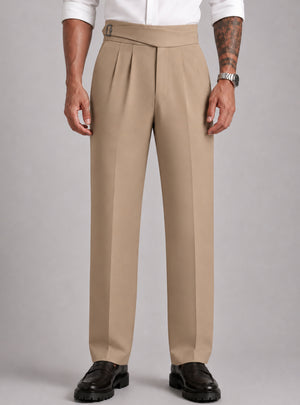 Fawn Solid Straight Fit Single Buckle Gurkha Pant For Men