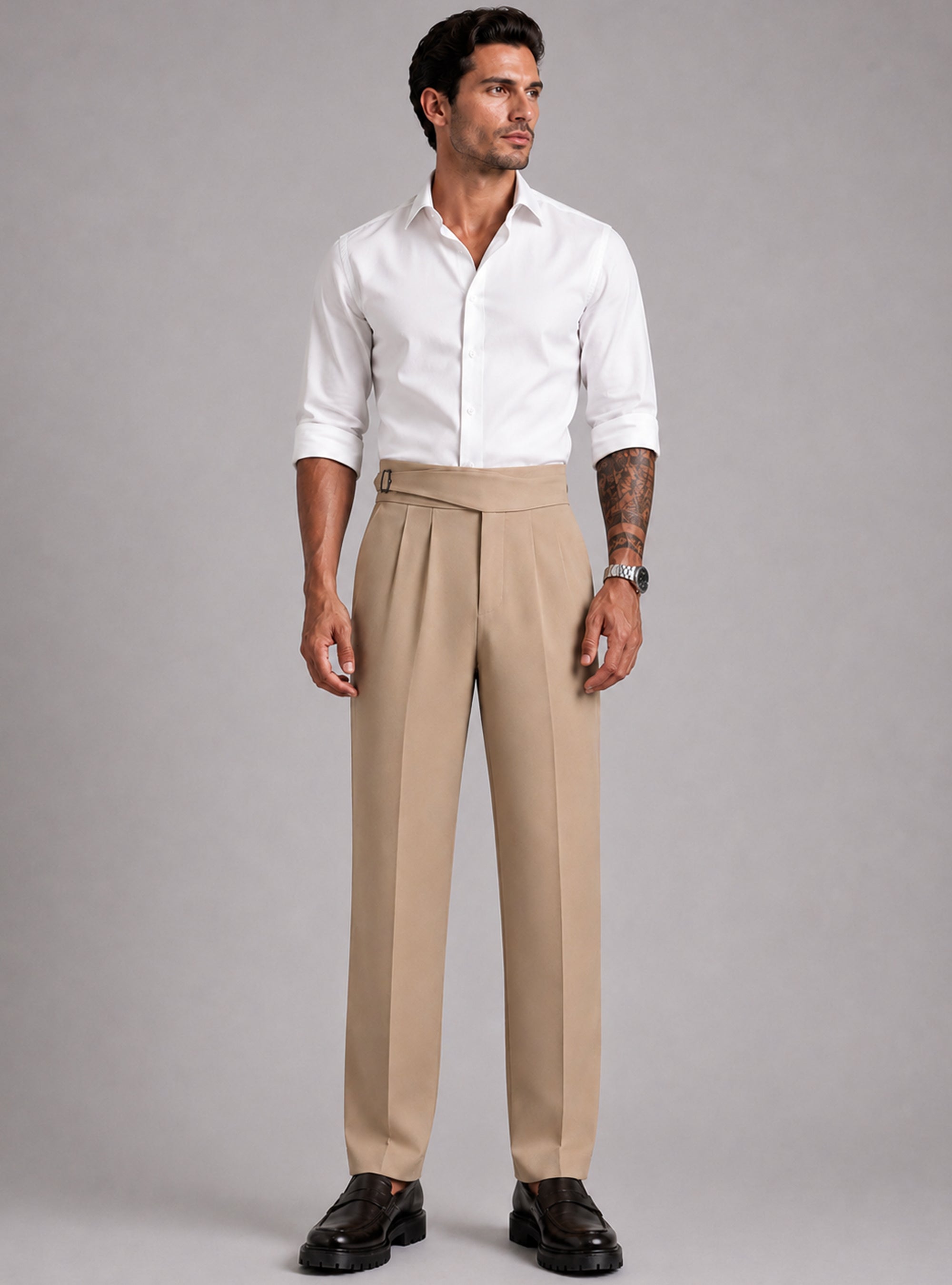 Fawn Solid Straight Fit Single Buckle Gurkha Pant For Men