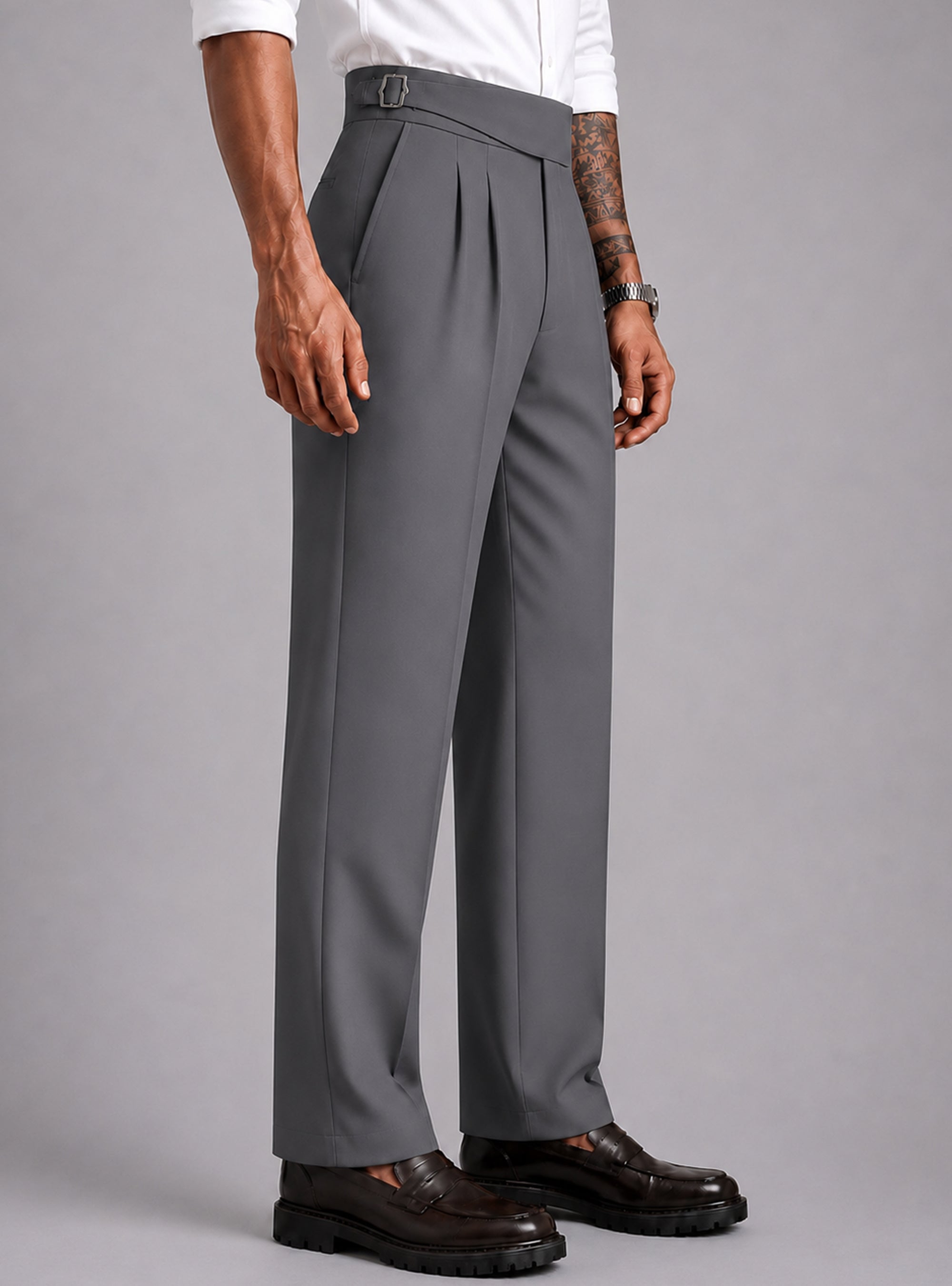 Steel Grey Solid Straight Fit Single Buckle Gurkha Pant For Men