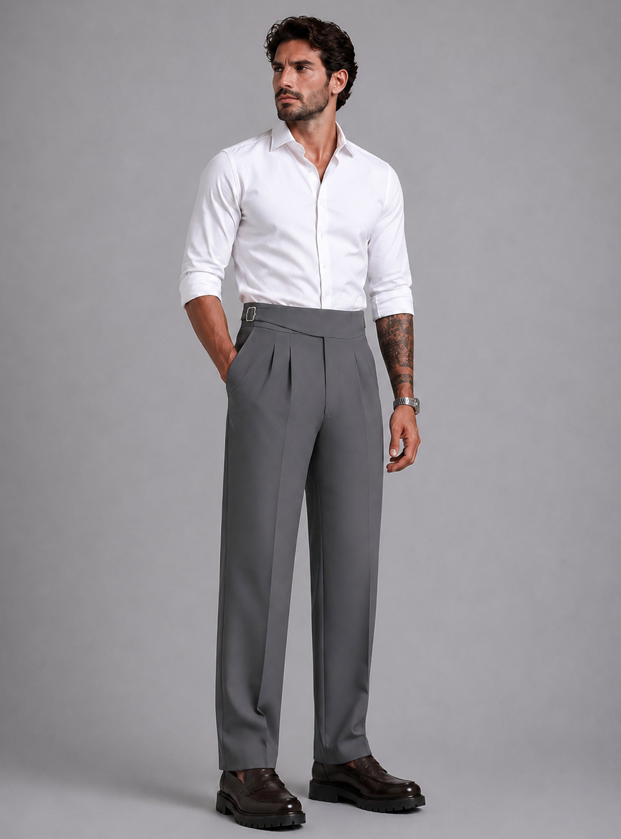 Steel Grey Solid Straight Fit Single Buckle Gurkha Pant For Men