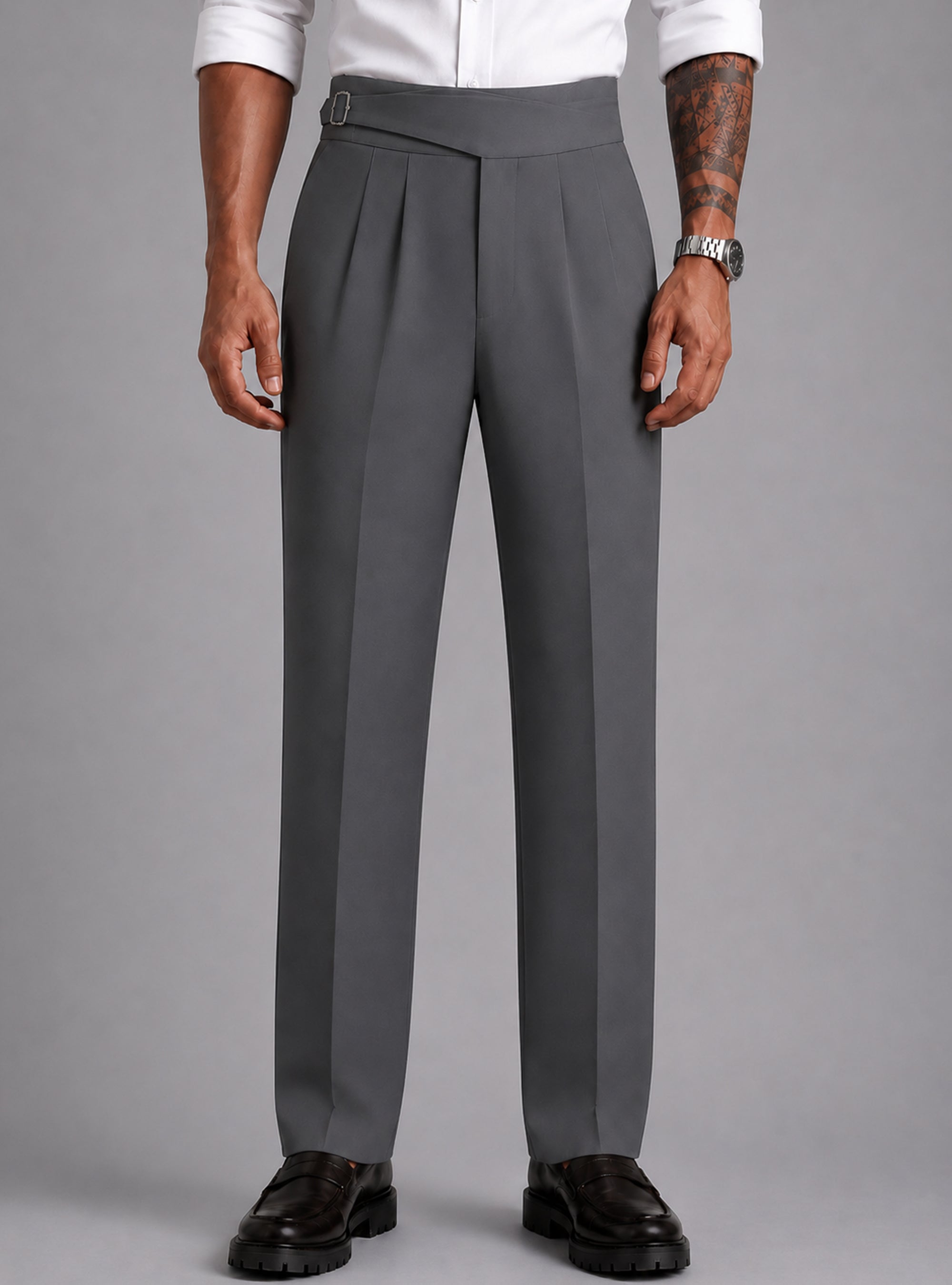 Steel Grey Solid Straight Fit Single Buckle Gurkha Pant For Men