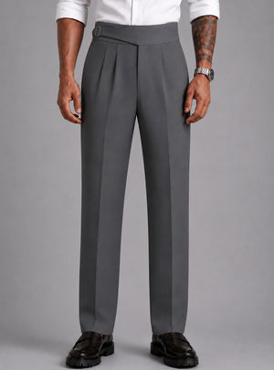 Steel Grey Solid Straight Fit Single Buckle Gurkha Pant For Men