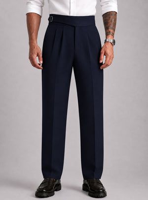 Navy Solid Straight Fit Single Buckle Gurkha Pant For Men