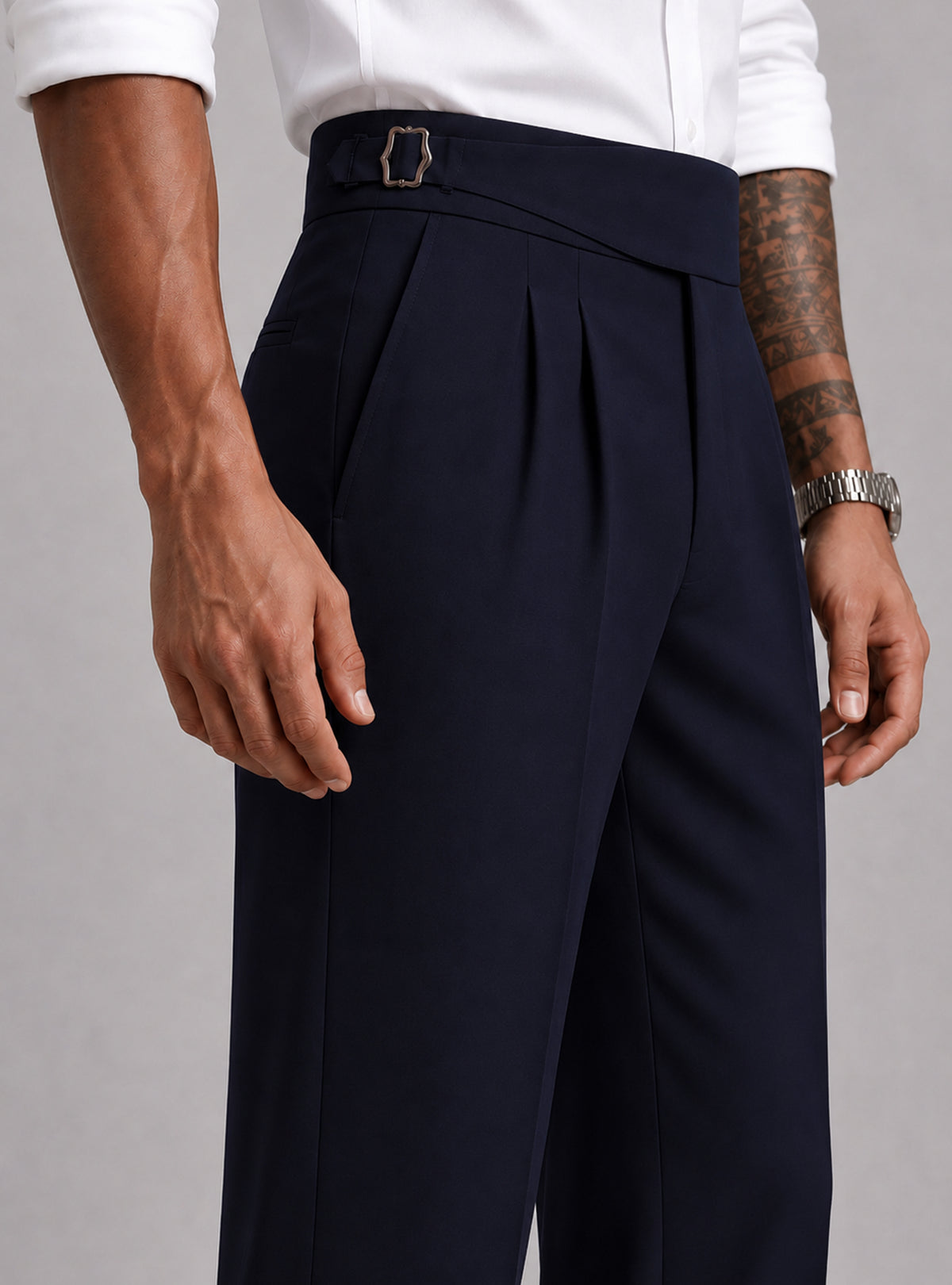 Navy Solid Straight Fit Single Buckle Gurkha Pant For Men