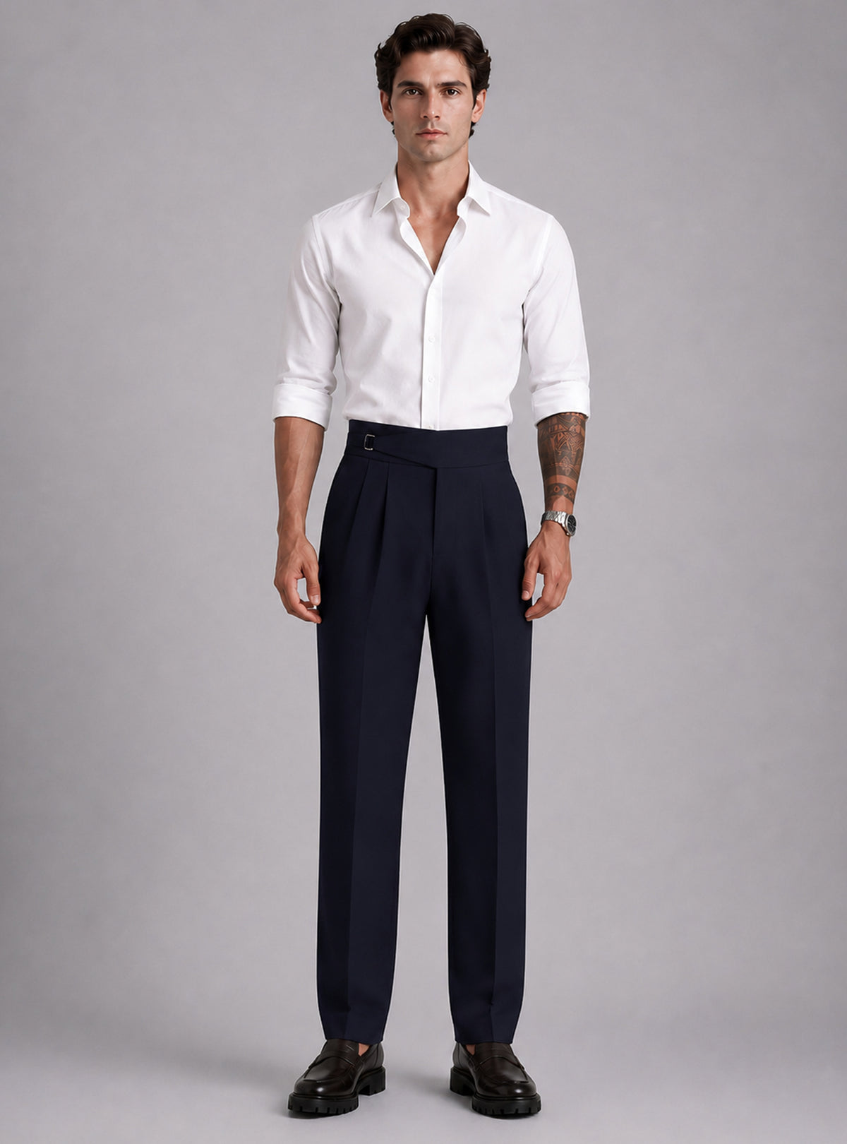 Navy Solid Straight Fit Single Buckle Gurkha Pant For Men