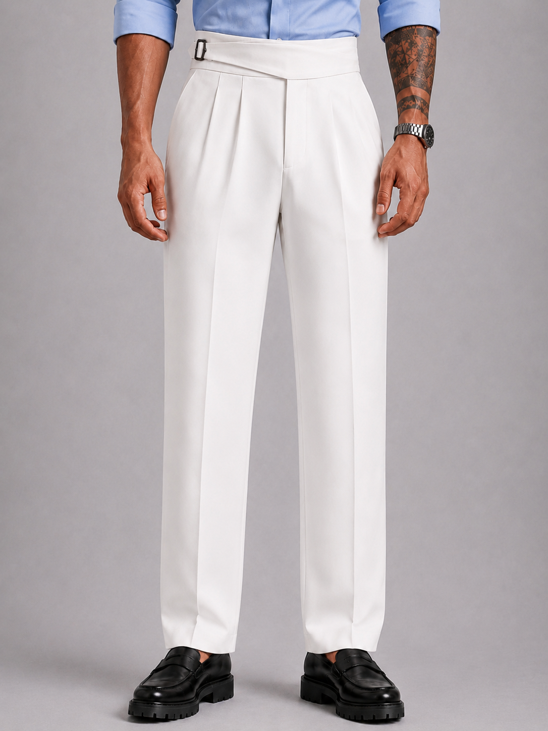 White Solid Straight Fit Single Buckle Gurkha Pant For Men