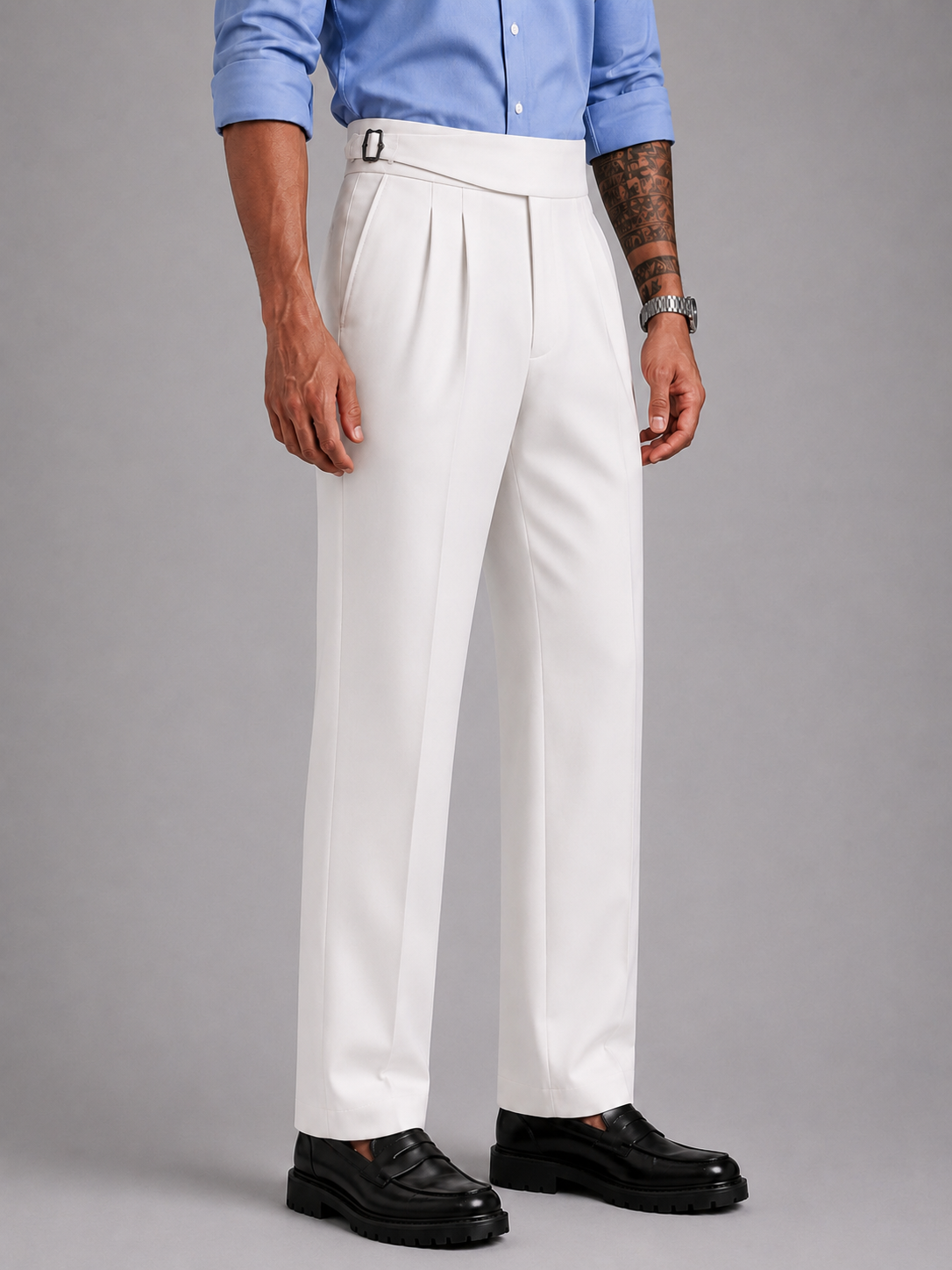 White Solid Straight Fit Single Buckle Gurkha Pant For Men