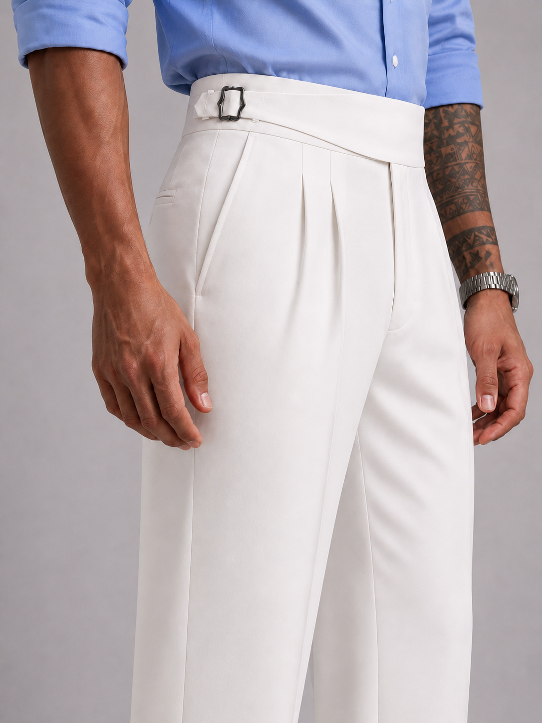 White Solid Straight Fit Single Buckle Gurkha Pant For Men