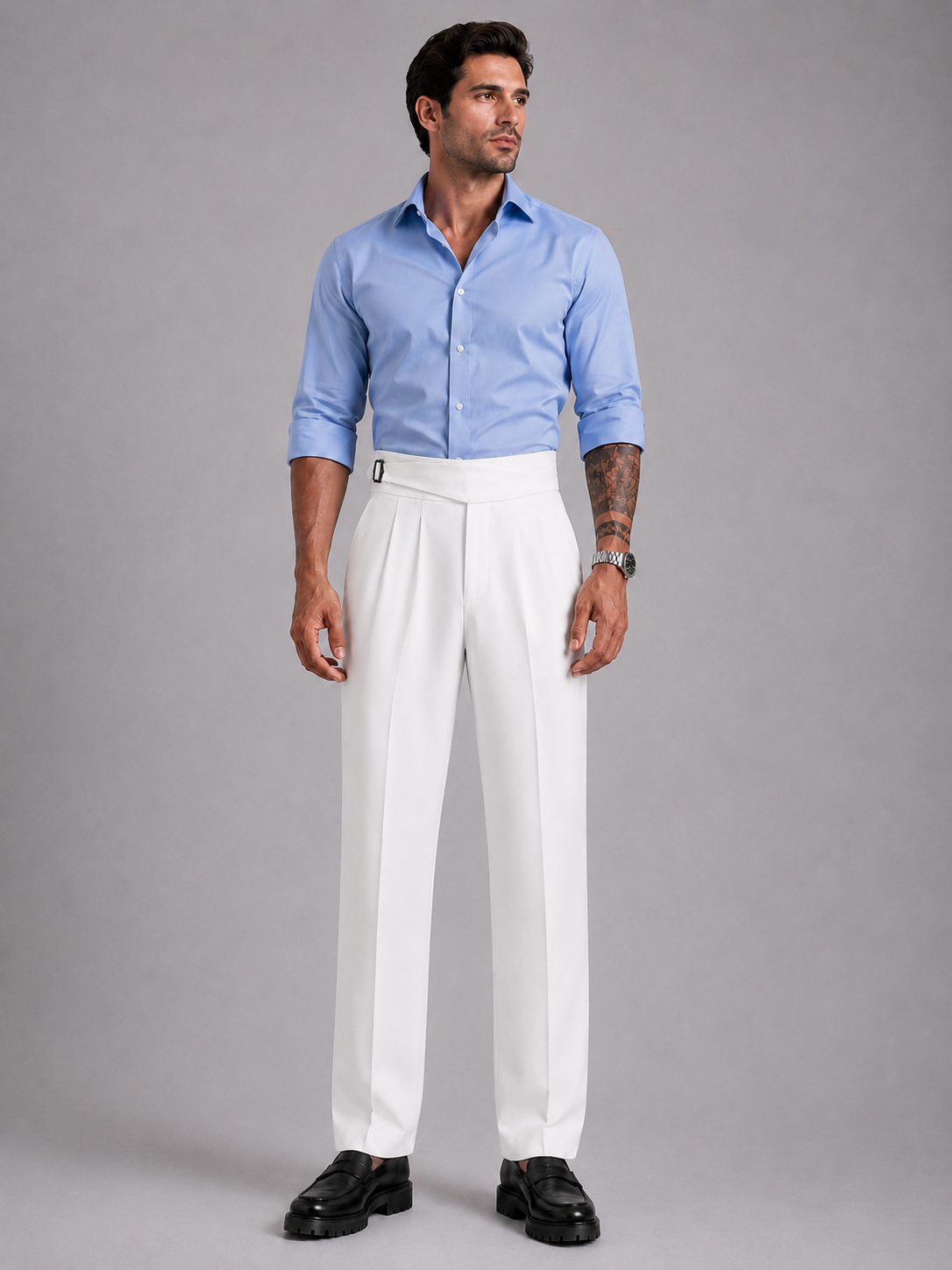 White Solid Straight Fit Single Buckle Gurkha Pant For Men