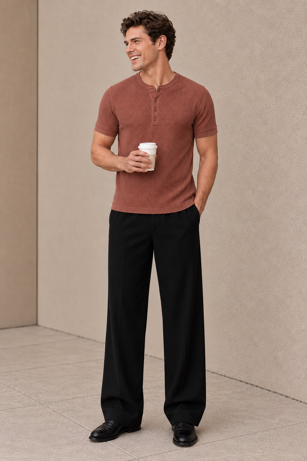 Rust Waffle Knit Half Sleeve Henley Tshirt For Men