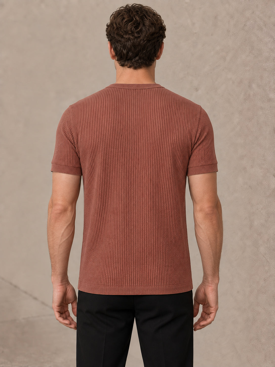 Rust Waffle Knit Half Sleeve Henley Tshirt For Men