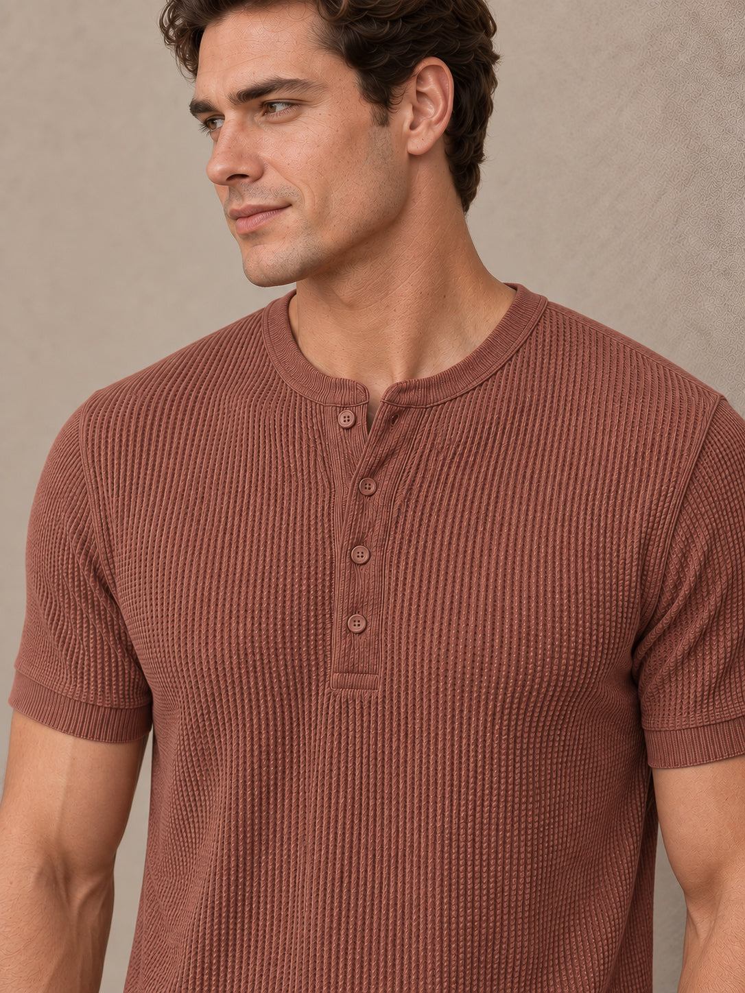 Rust Waffle Knit Half Sleeve Henley Tshirt For Men