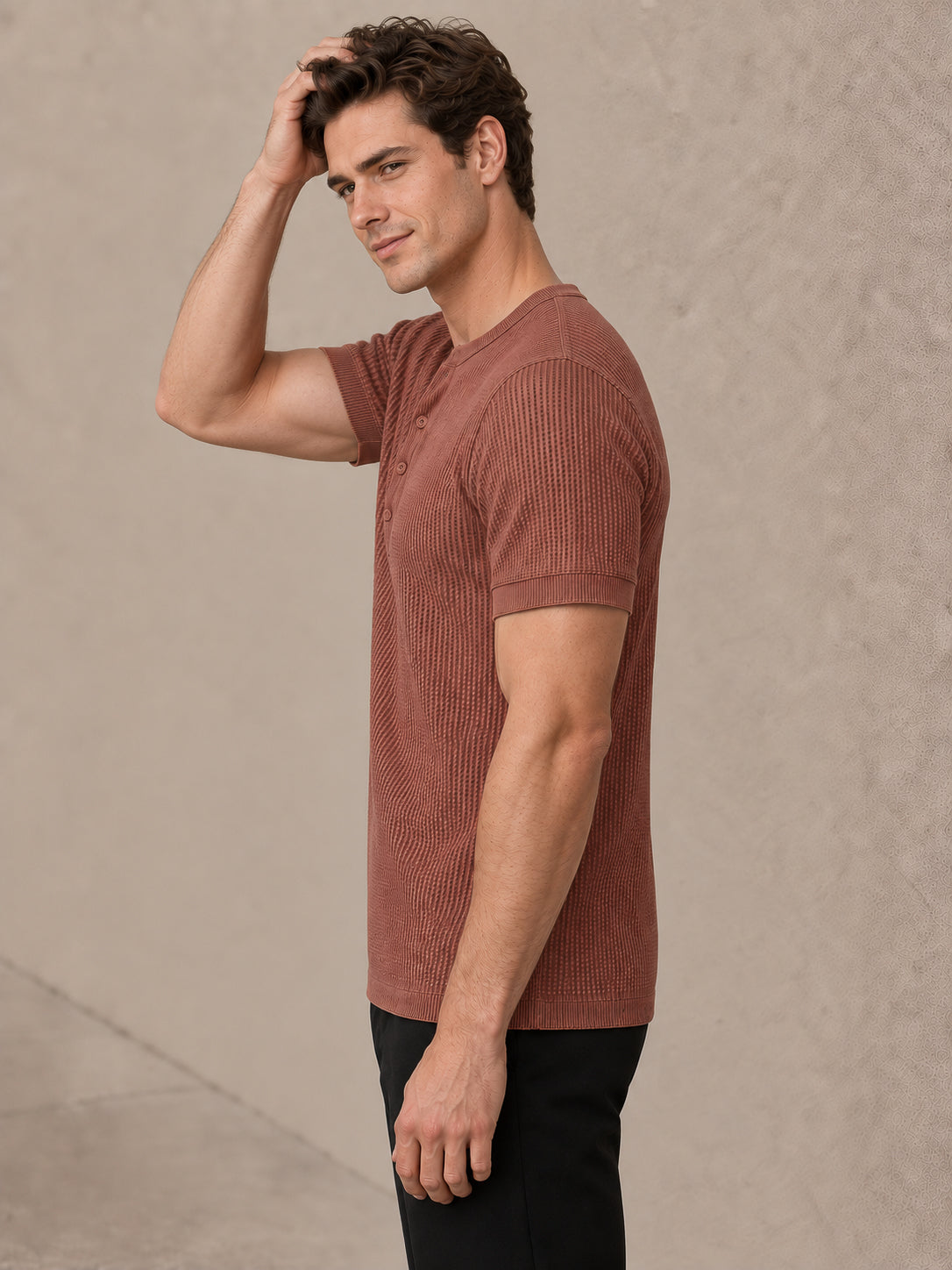 Rust Waffle Knit Half Sleeve Henley Tshirt For Men