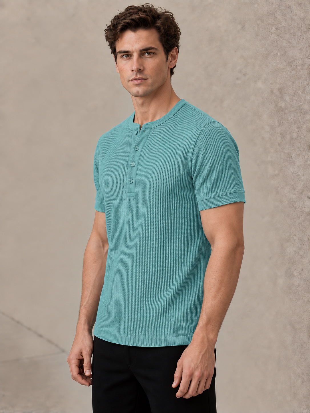 Aqua Blue Waffle Knit Half Sleeve Henley Tshirt For Men