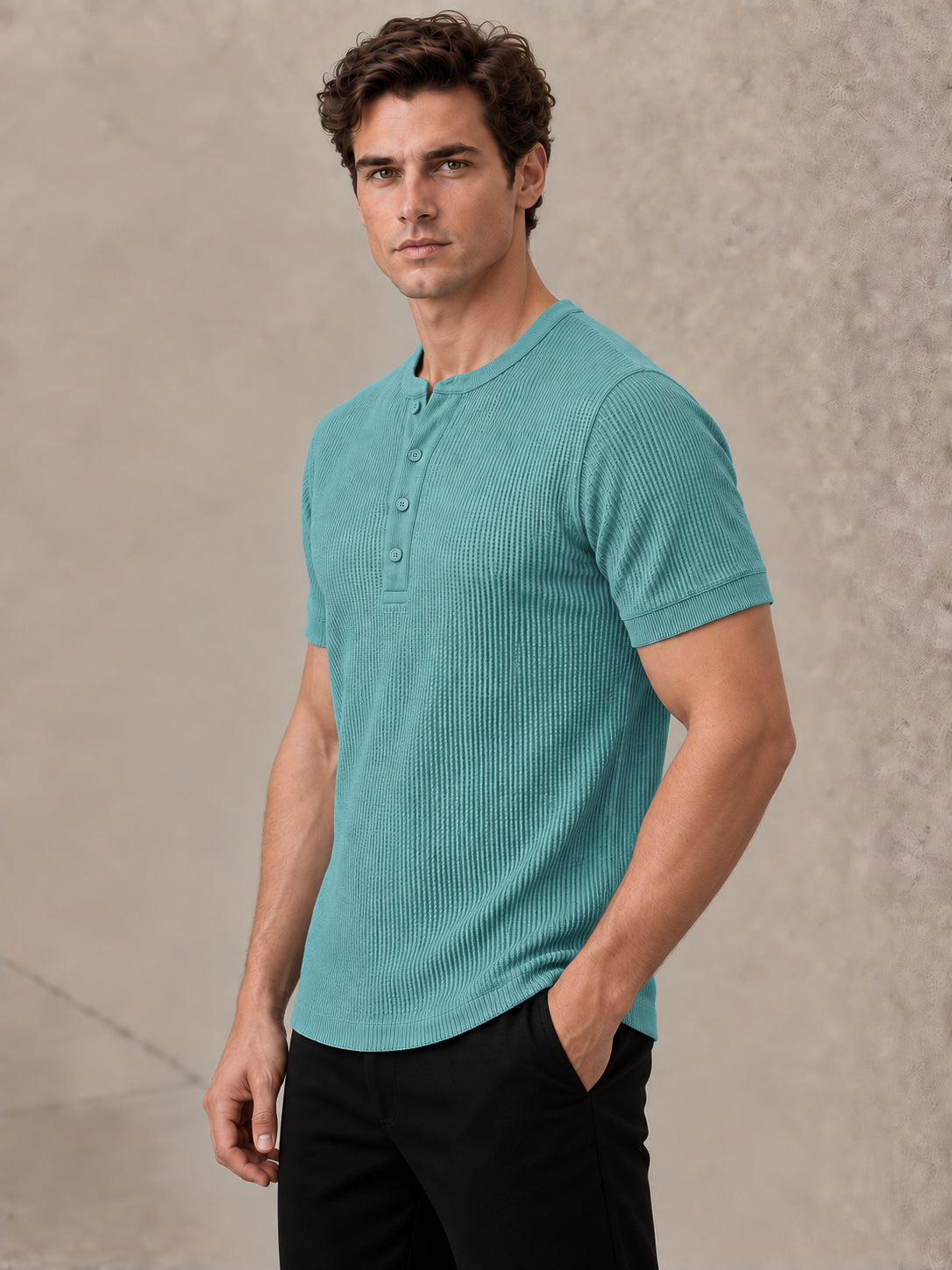Aqua Blue Waffle Knit Half Sleeve Henley Tshirt For Men