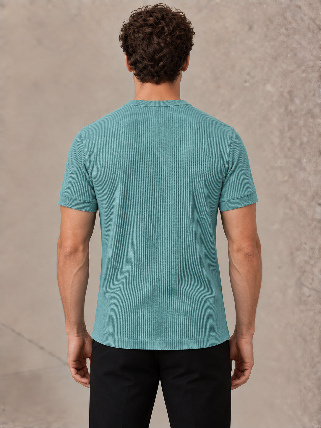 Aqua Blue Waffle Knit Half Sleeve Henley Tshirt For Men