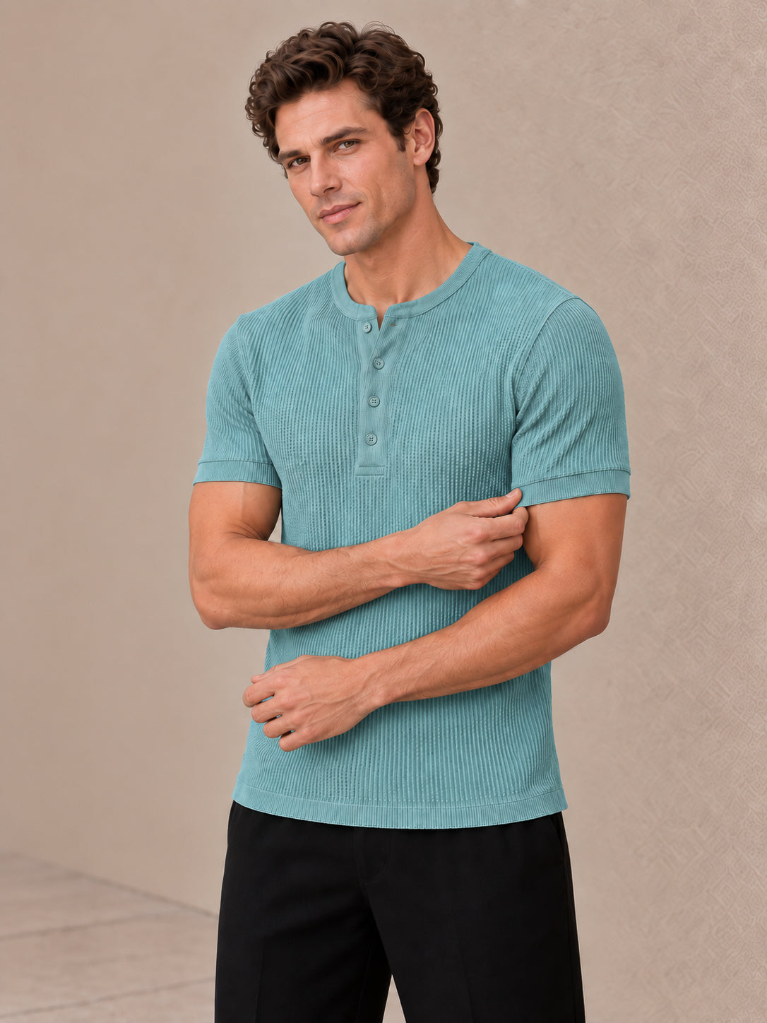 Aqua Blue Waffle Knit Half Sleeve Henley Tshirt For Men