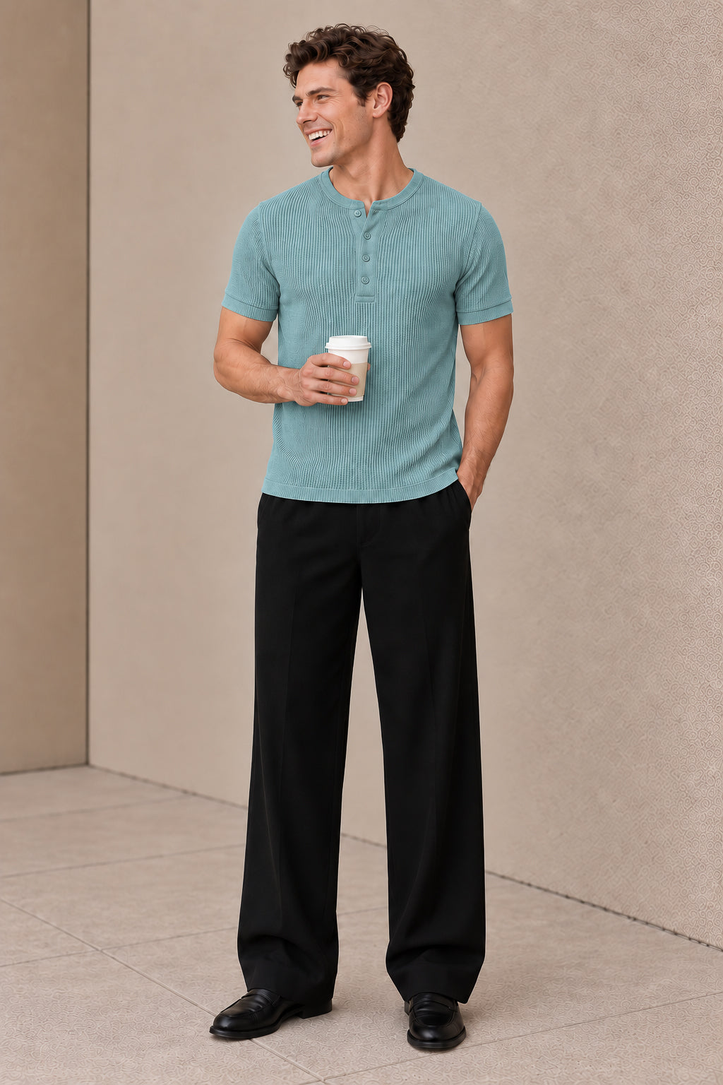 Aqua Blue Waffle Knit Half Sleeve Henley Tshirt For Men