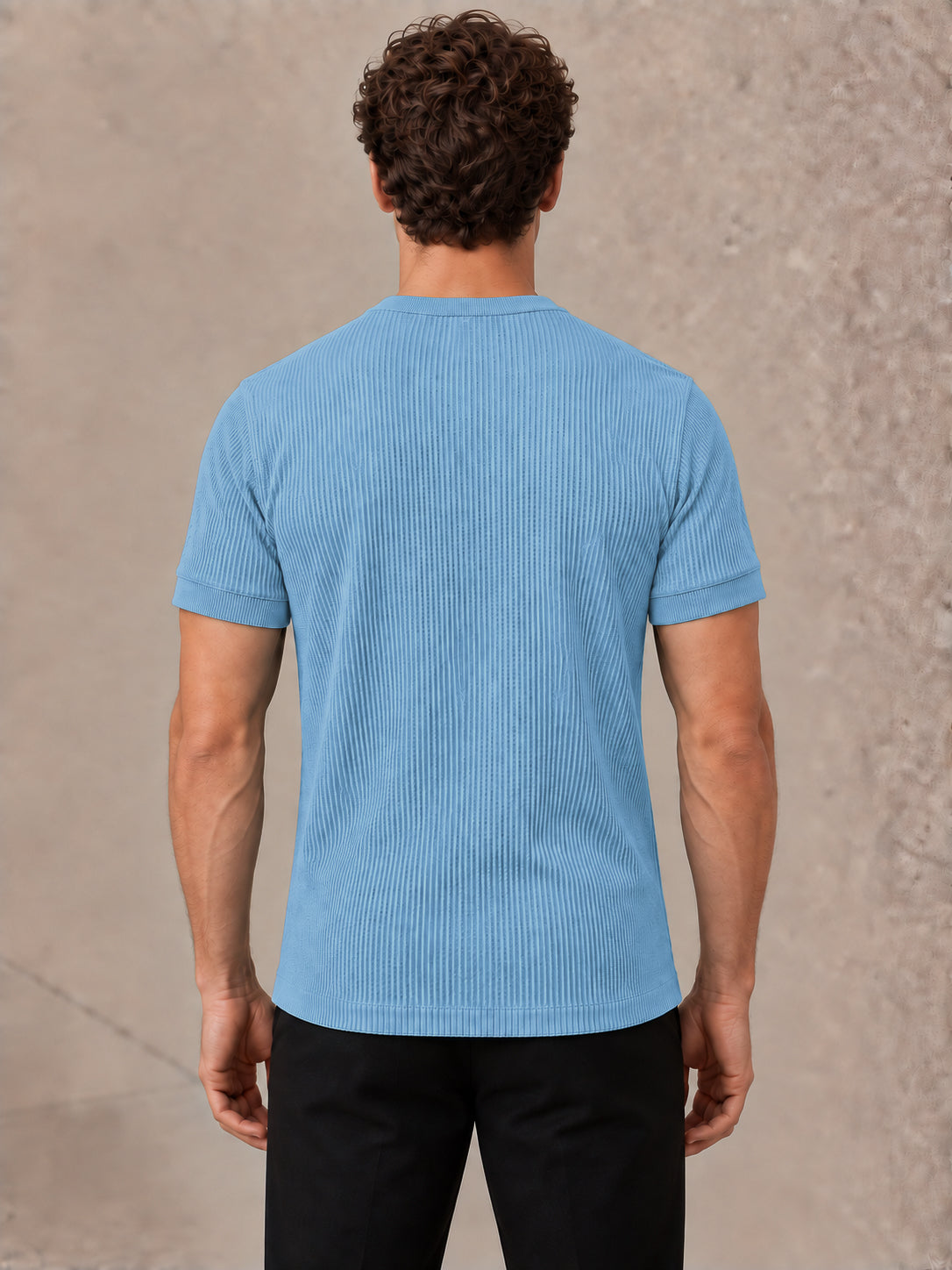 Sky Blue Waffle Knit Half Sleeve Henley Tshirt For Men