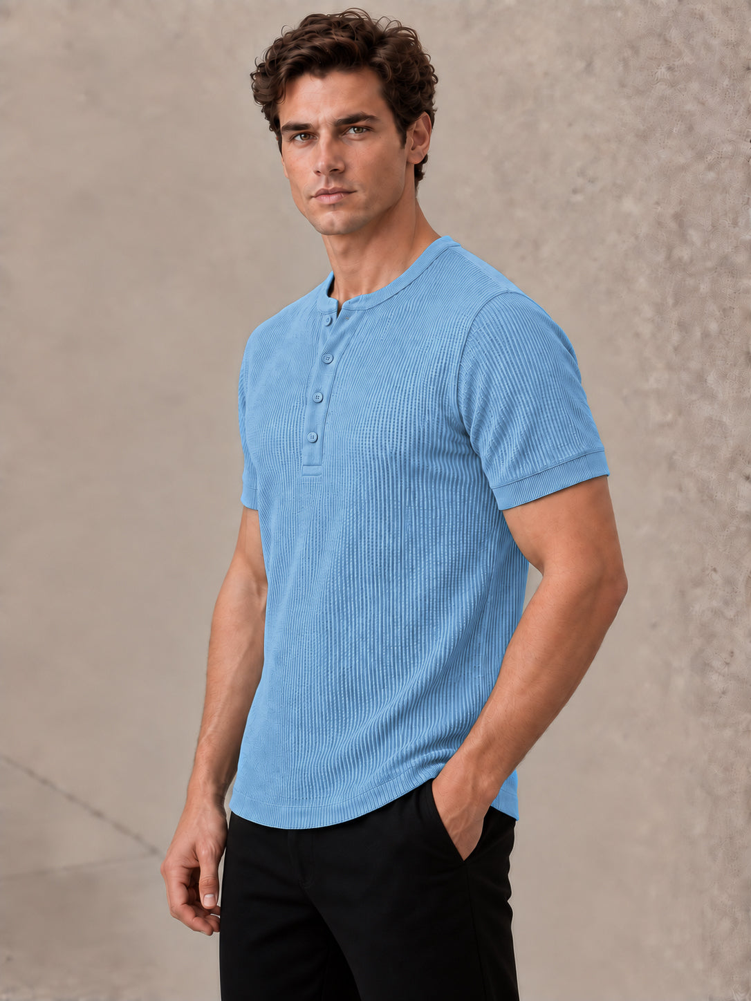 Sky Blue Waffle Knit Half Sleeve Henley Tshirt For Men
