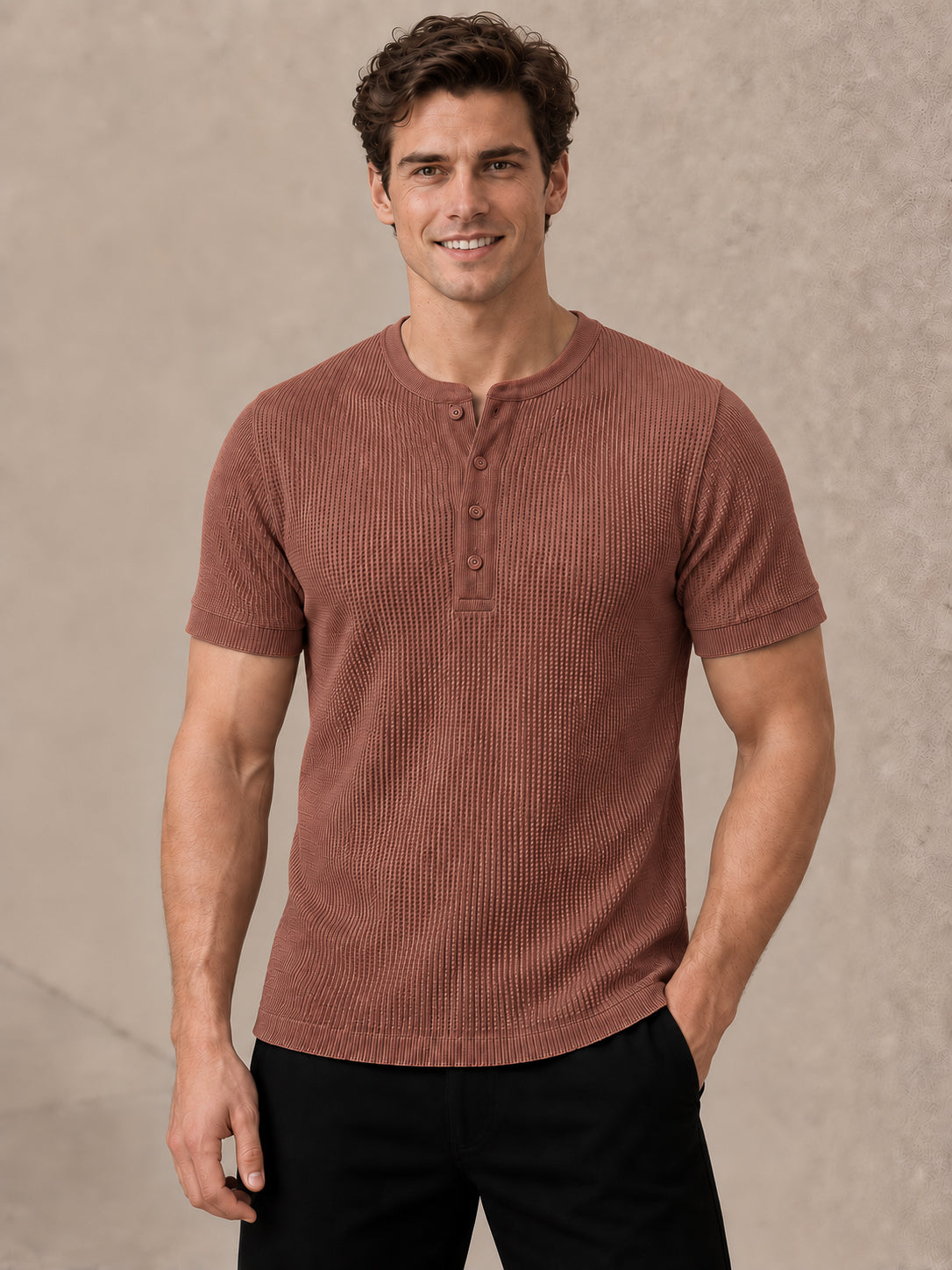 Rust Waffle Knit Half Sleeve Henley Tshirt For Men
