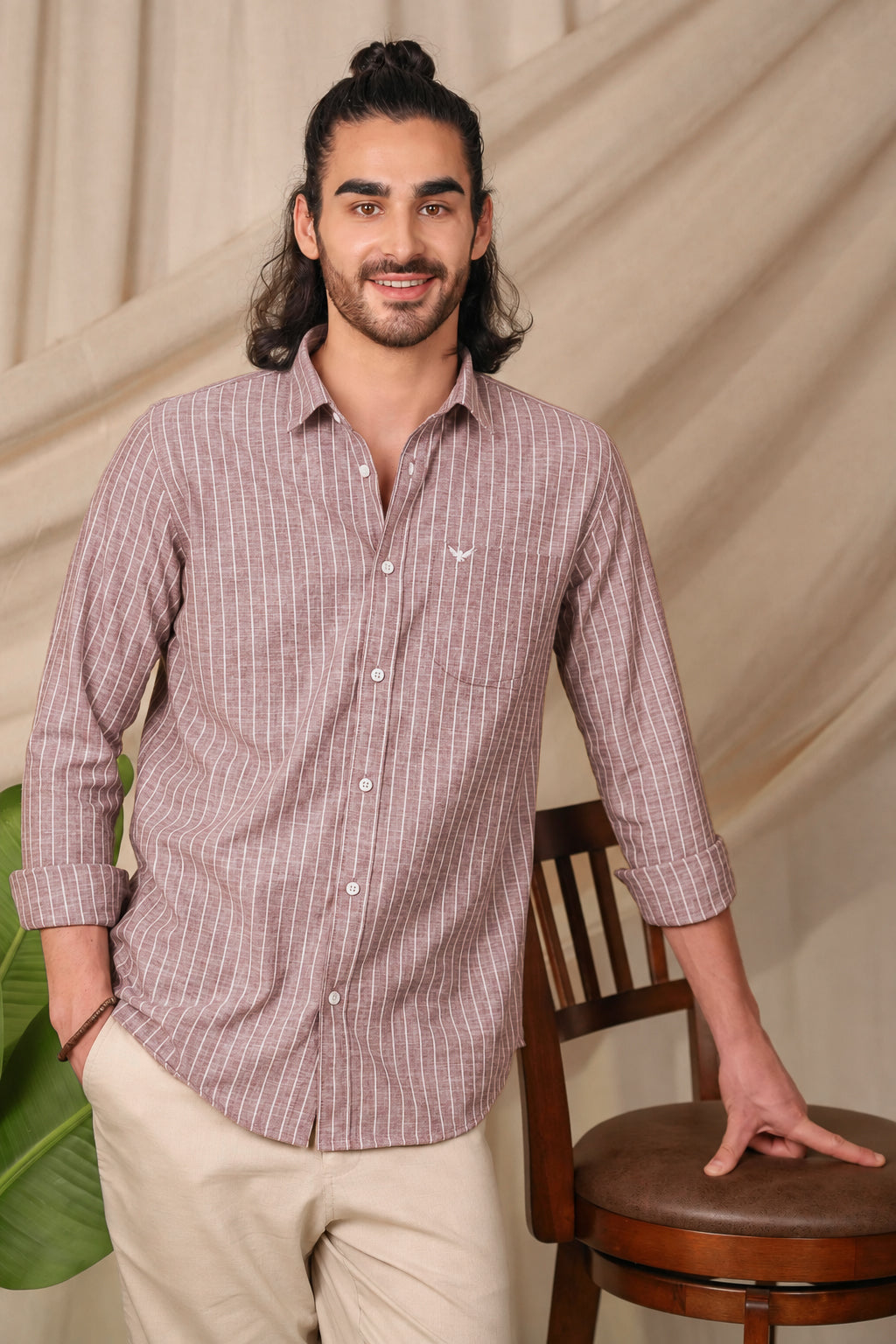 Dusty Red Striped Pre-Washed Linen Cotton Slim Fit Shirt