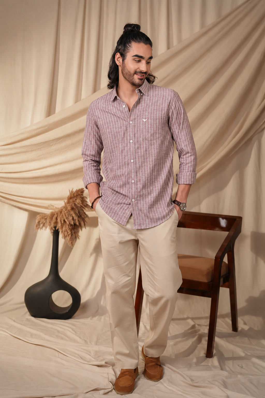 Dusty Red Striped Pre-Washed Linen Cotton Slim Fit Shirt