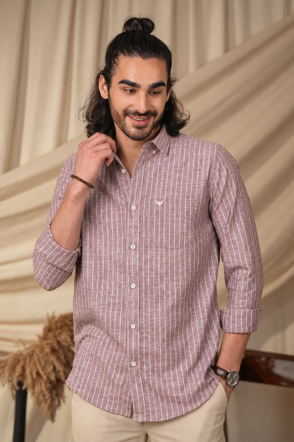 Dusty Red Striped Pre-Washed Linen Cotton Slim Fit Shirt