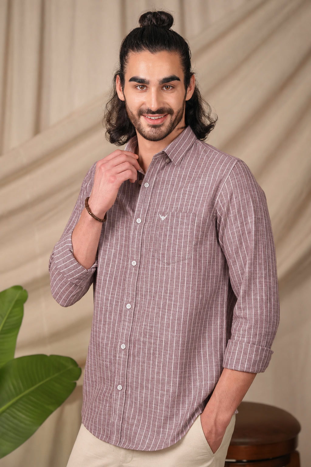 Dusty Red Striped Pre-Washed Linen Cotton Slim Fit Shirt