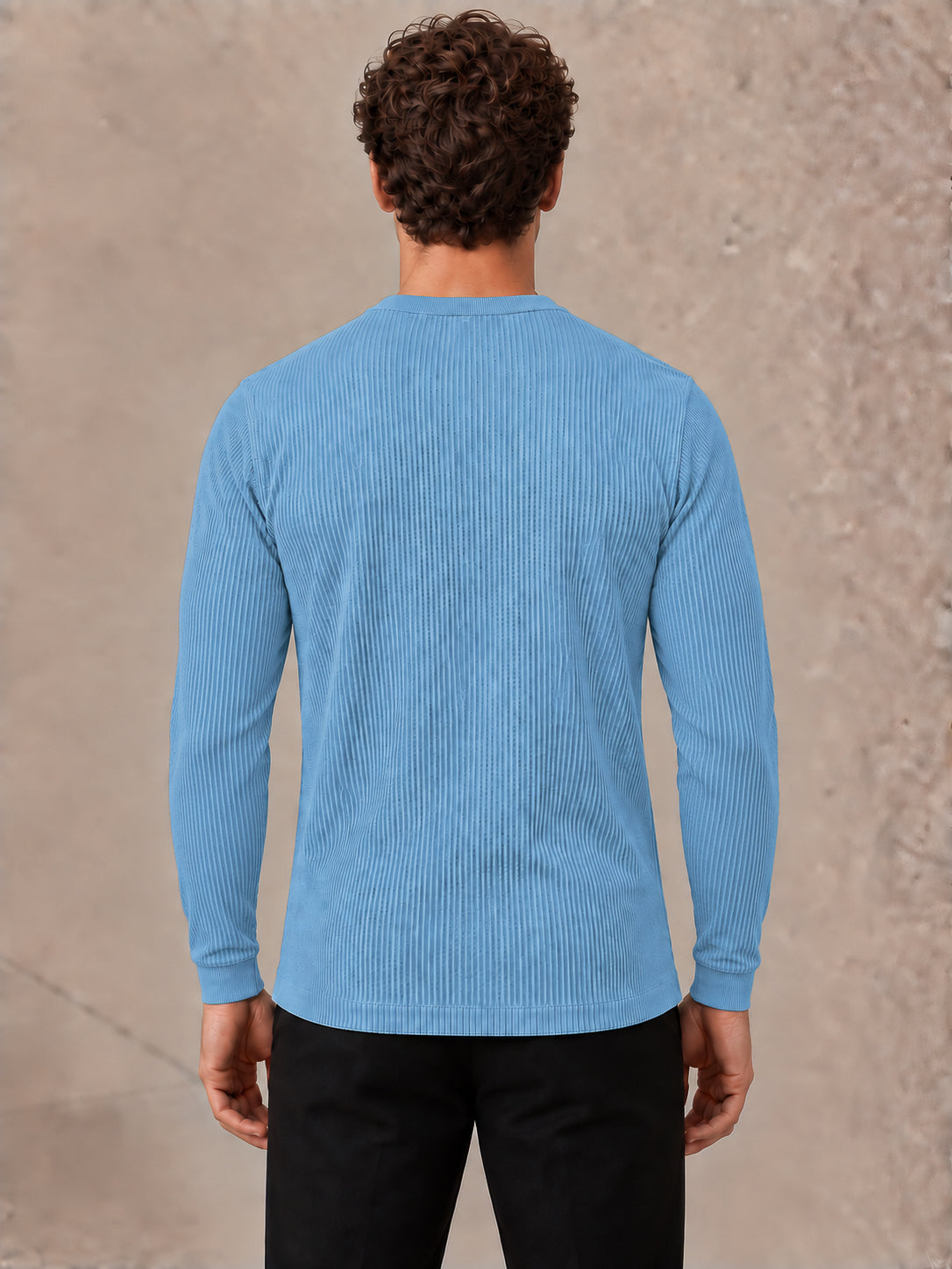 Sky Blue Knit Full Sleeve Henley Tshirt For Men