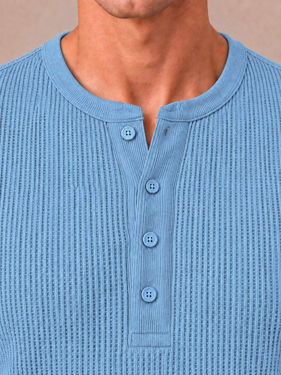 Sky Blue Knit Full Sleeve Henley Tshirt For Men