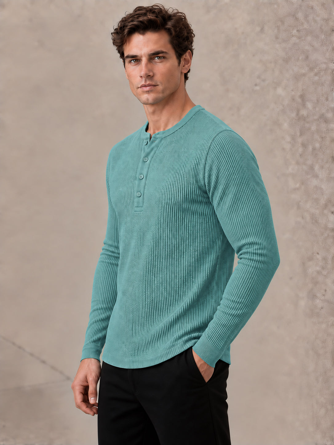 Aqua Blue Knit Full Sleeve Henley Tshirt For Men