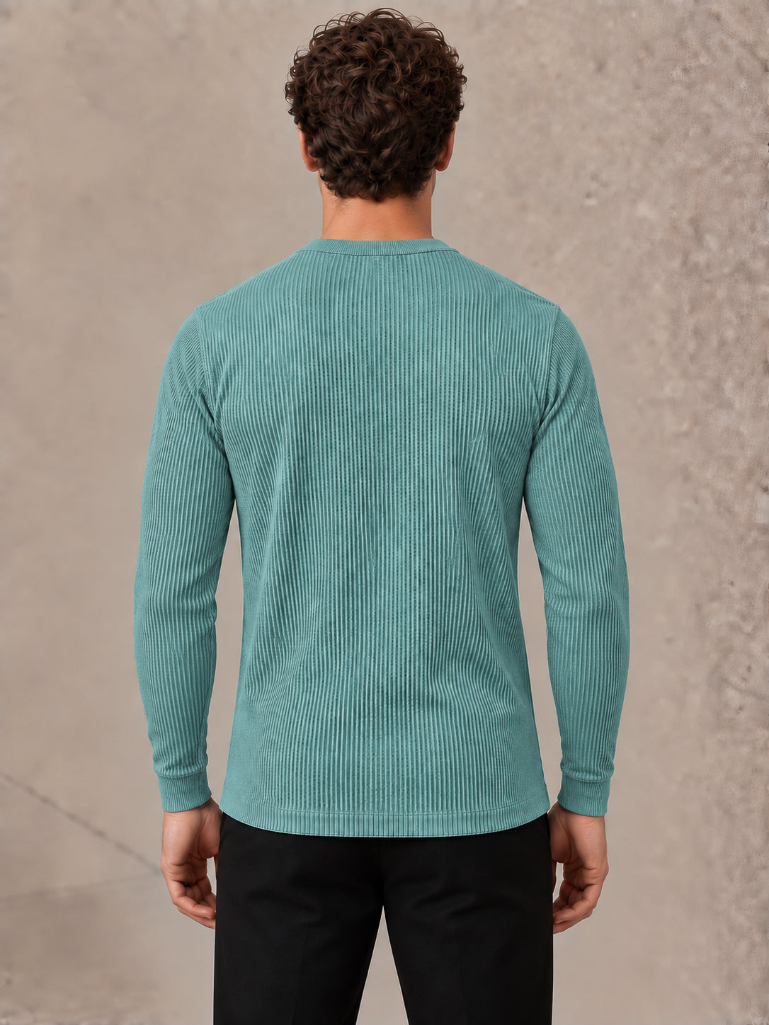 Aqua Blue Knit Full Sleeve Henley Tshirt For Men
