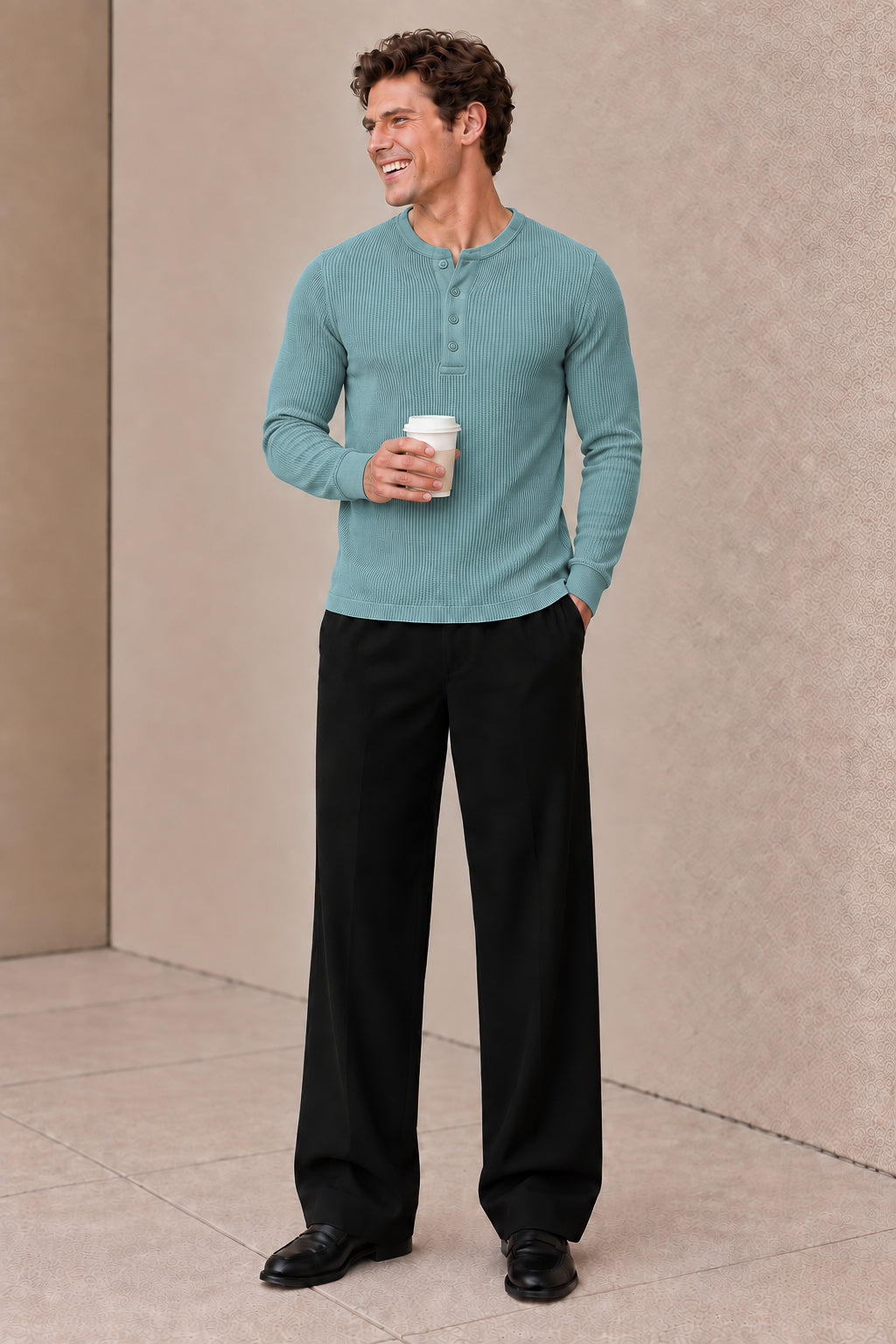 Aqua Blue Knit Full Sleeve Henley Tshirt For Men