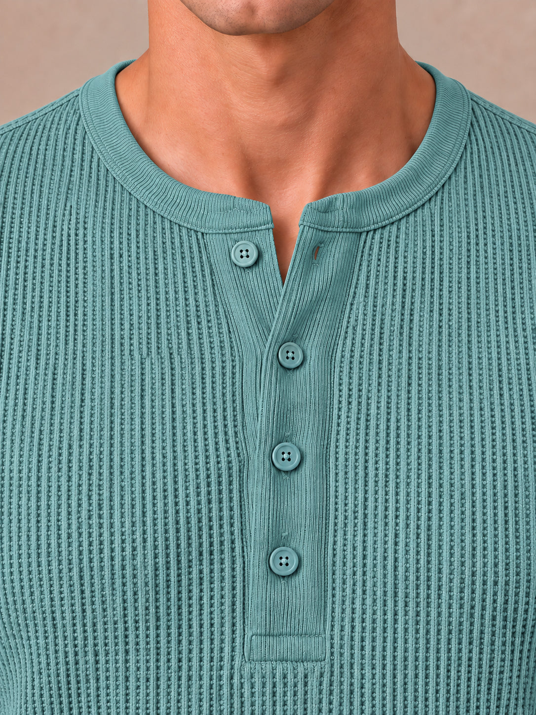 Aqua Blue Waffle Knit Half Sleeve Henley Tshirt For Men